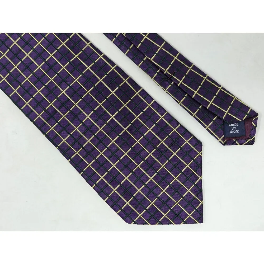 POLO RALPH LAUREN SILK TIE PURPLE YELLOW GREEN SATIN JACQUARD PLAID 4